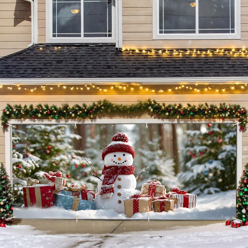 THISFIND Christmas Snowman Garage Door Banner – Holiday Outdoor Decoration with Gifts, Snowy Trees & Festive Charm - Image 1